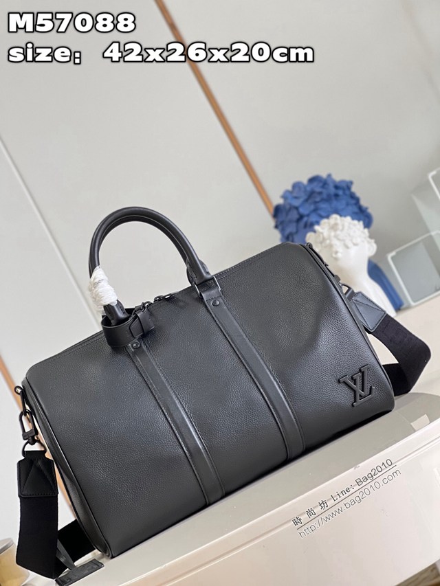 LV專櫃2023新款Aerogram版本Keepall手提旅行袋 M57088 路易威登黑色全皮高端旅行包 dn1169